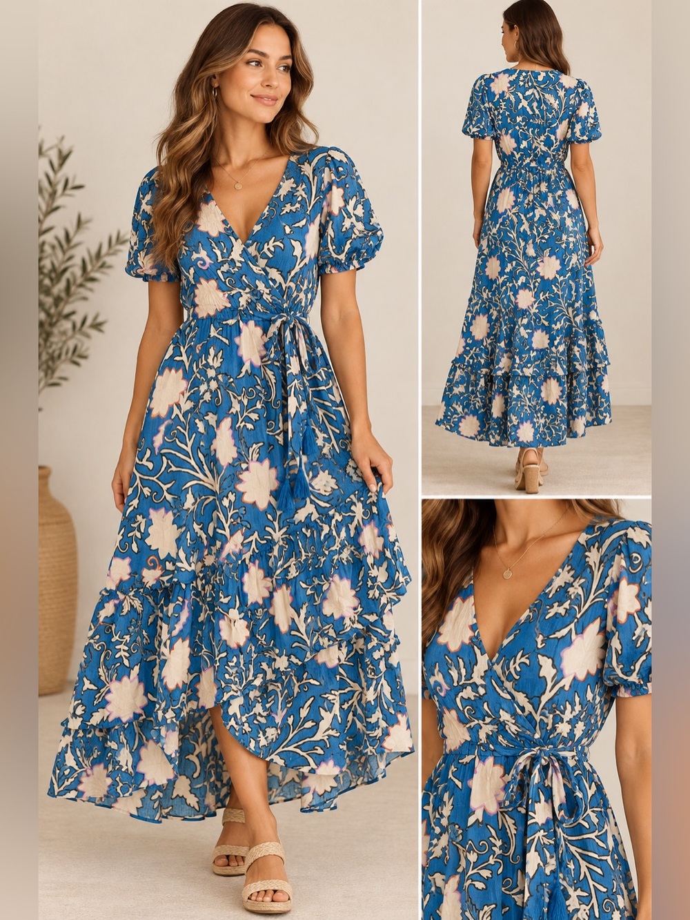 Knox Rose Women M Blue Floral Wrap Maxi Dress Boho Tiered Puff Sleeve Rayon.